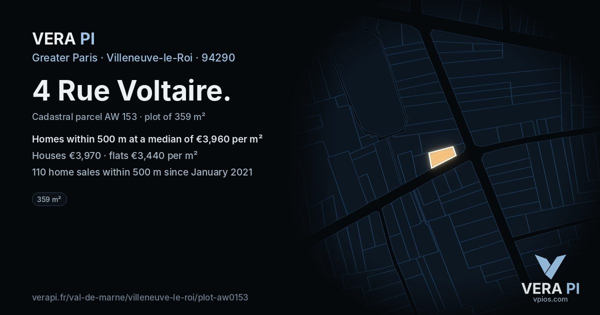 4 Rue Voltaire, Villeneuve-le-Roi at night – the plot lit, the parcels around coloured by the prices near them