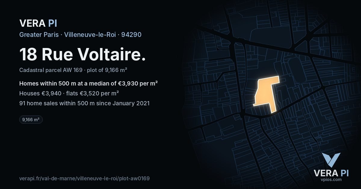 18 Rue Voltaire, Villeneuve-le-Roi at night – the plot lit, the parcels around coloured by the prices near them