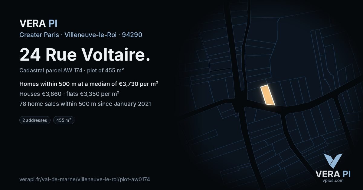 24 Rue Voltaire, Villeneuve-le-Roi at night – the plot lit, the parcels around coloured by the prices near them