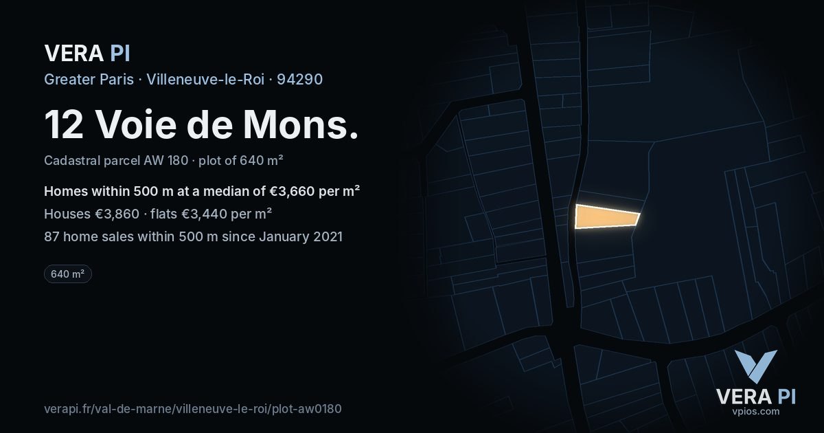 12 Voie de Mons, Villeneuve-le-Roi at night – the plot lit, the parcels around coloured by the prices near them
