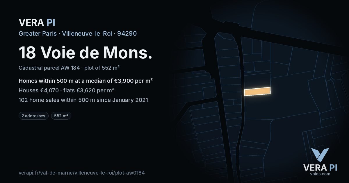 18 Voie de Mons, Villeneuve-le-Roi at night – the plot lit, the parcels around coloured by the prices near them