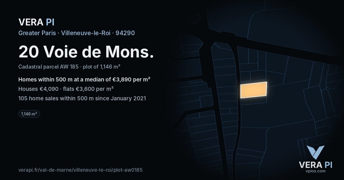 20 Voie de Mons, Villeneuve-le-Roi at night – the plot lit, the parcels around coloured by the prices near them