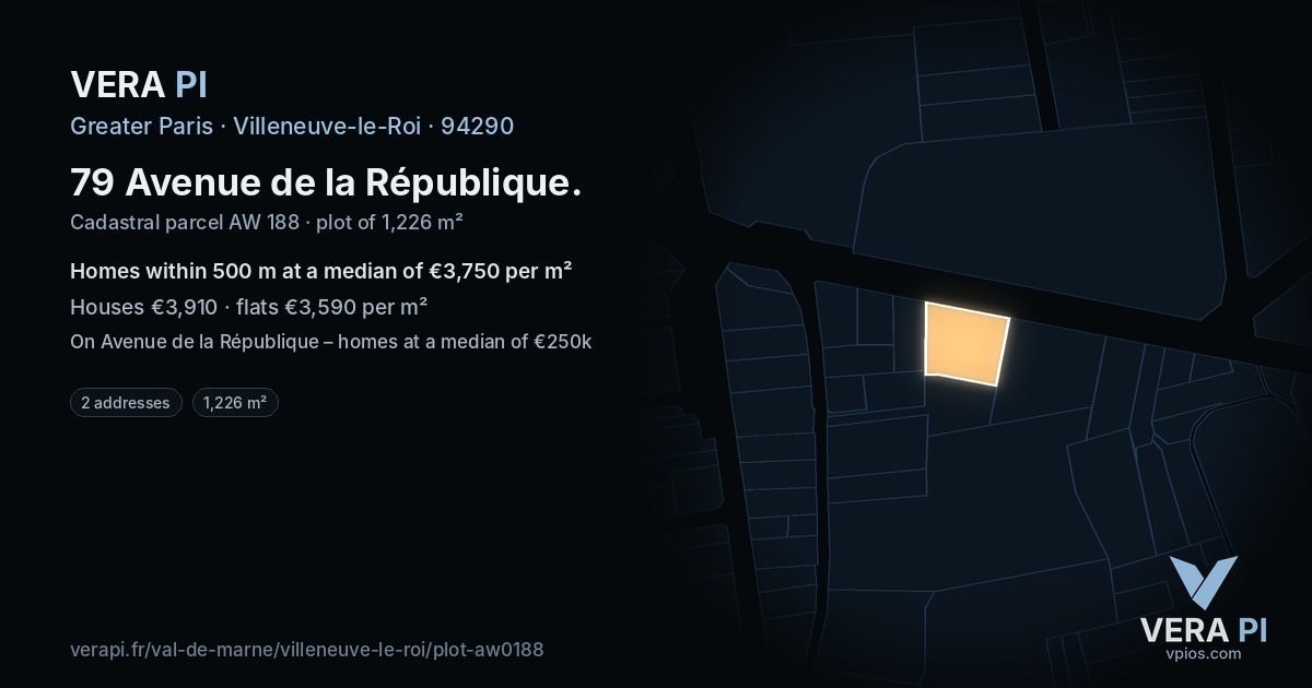 79 Avenue de la République, Villeneuve-le-Roi at night – the plot lit, the parcels around coloured by the prices near them