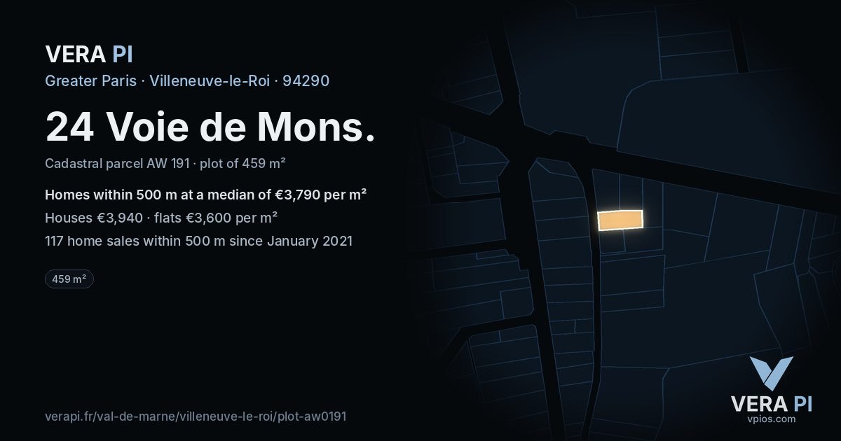 24 Voie de Mons, Villeneuve-le-Roi at night – the plot lit, the parcels around coloured by the prices near them