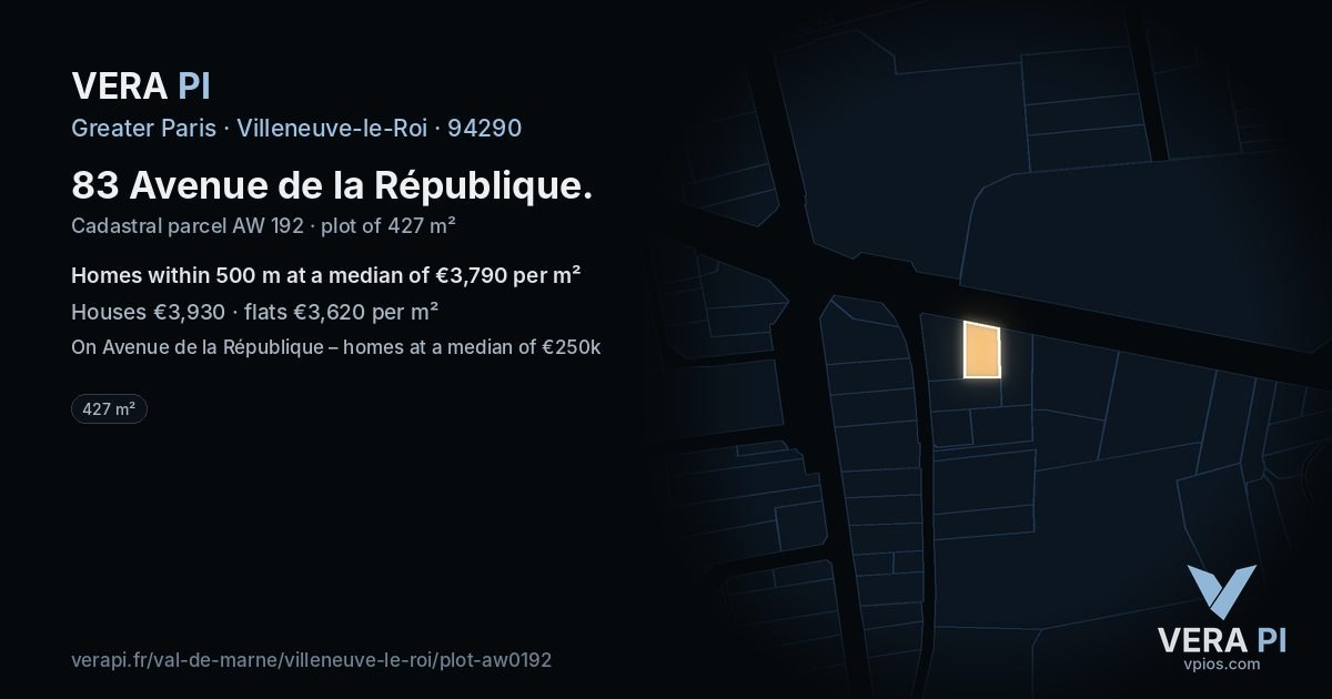 83 Avenue de la République, Villeneuve-le-Roi at night – the plot lit, the parcels around coloured by the prices near them