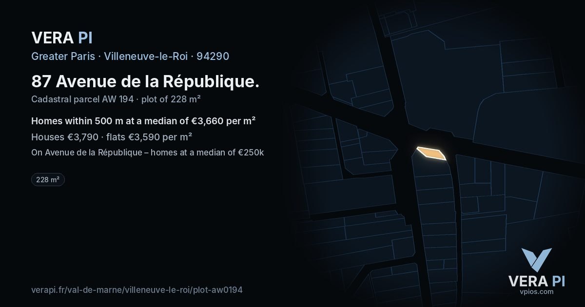 87 Avenue de la République, Villeneuve-le-Roi at night – the plot lit, the parcels around coloured by the prices near them