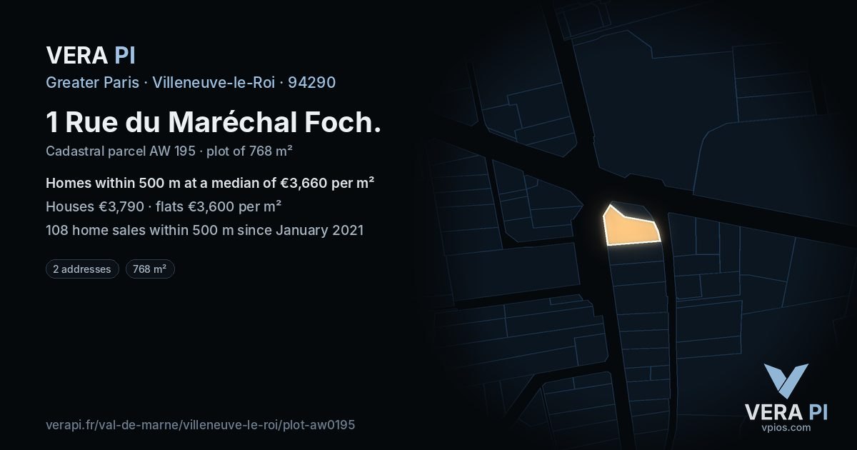 1 Rue du Maréchal Foch, Villeneuve-le-Roi at night – the plot lit, the parcels around coloured by the prices near them