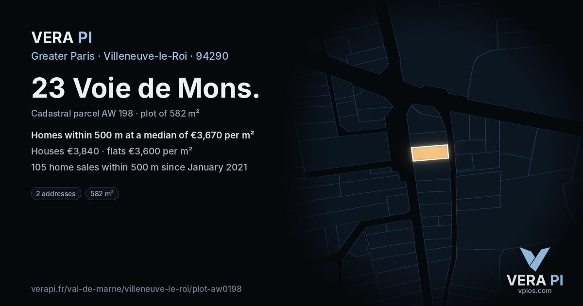 23 Voie de Mons, Villeneuve-le-Roi at night – the plot lit, the parcels around coloured by the prices near them