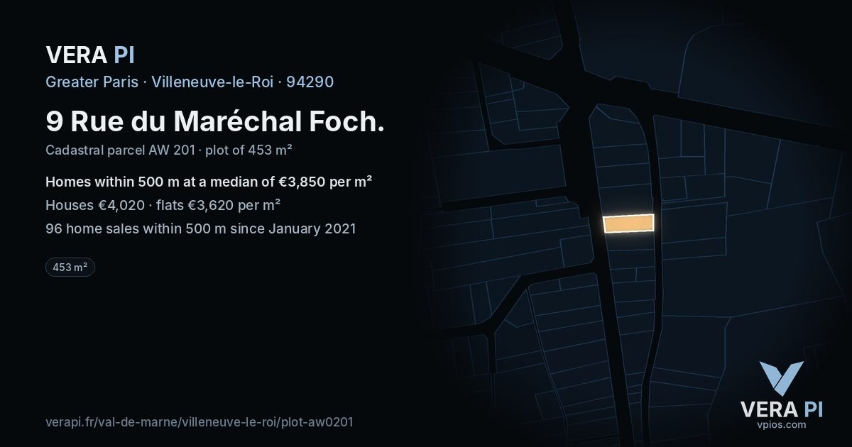 9 Rue du Maréchal Foch, Villeneuve-le-Roi at night – the plot lit, the parcels around coloured by the prices near them