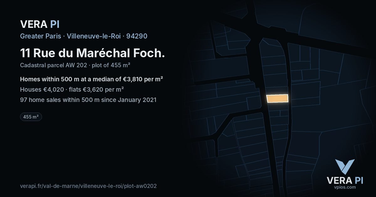 11 Rue du Maréchal Foch, Villeneuve-le-Roi at night – the plot lit, the parcels around coloured by the prices near them