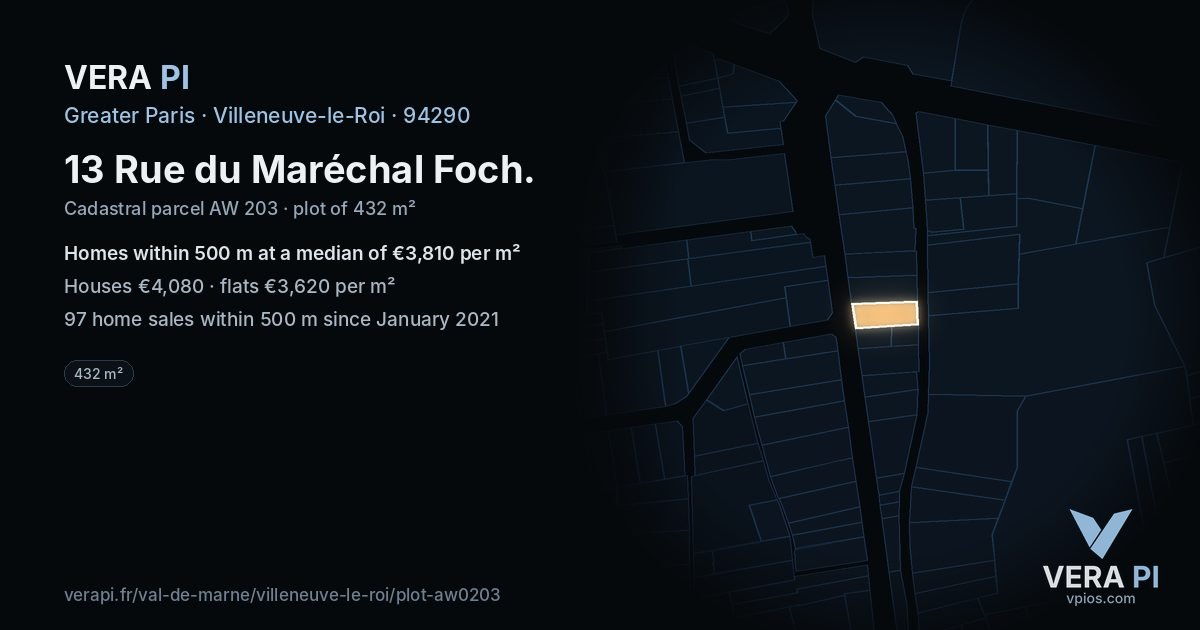 13 Rue du Maréchal Foch, Villeneuve-le-Roi at night – the plot lit, the parcels around coloured by the prices near them