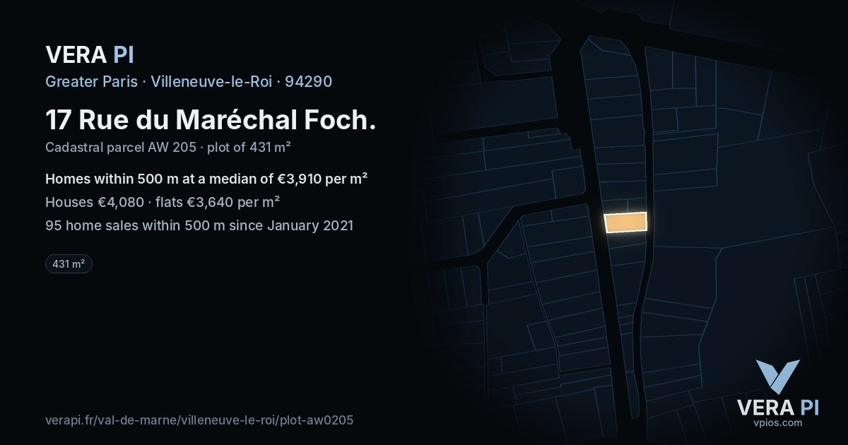17 Rue du Maréchal Foch, Villeneuve-le-Roi at night – the plot lit, the parcels around coloured by the prices near them