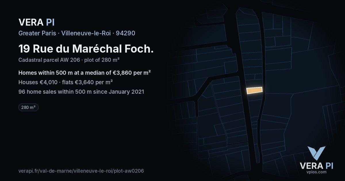 19 Rue du Maréchal Foch, Villeneuve-le-Roi at night – the plot lit, the parcels around coloured by the prices near them