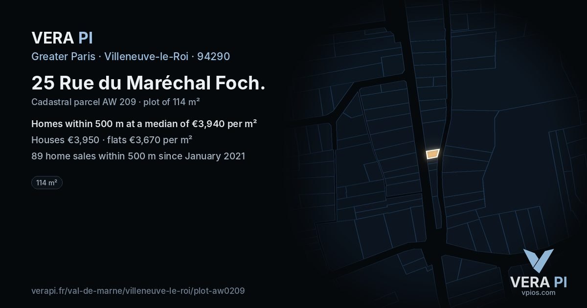 25 Rue du Maréchal Foch, Villeneuve-le-Roi at night – the plot lit, the parcels around coloured by the prices near them