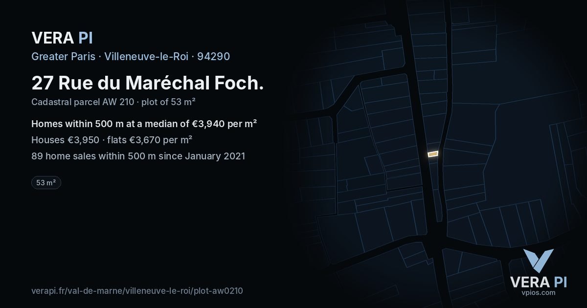 27 Rue du Maréchal Foch, Villeneuve-le-Roi at night – the plot lit, the parcels around coloured by the prices near them