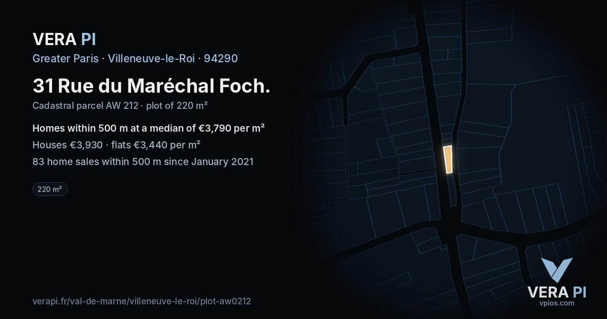 31 Rue du Maréchal Foch, Villeneuve-le-Roi at night – the plot lit, the parcels around coloured by the prices near them