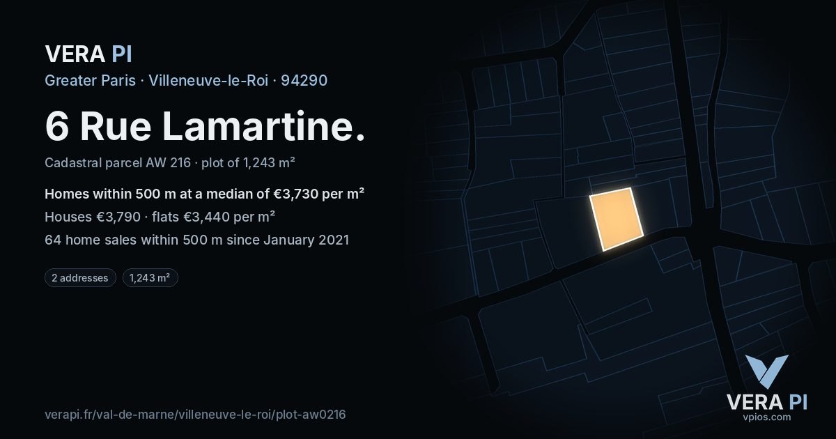 6 Rue Lamartine, Villeneuve-le-Roi at night – the plot lit, the parcels around coloured by the prices near them