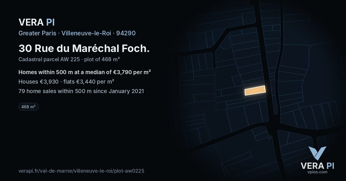 30 Rue du Maréchal Foch, Villeneuve-le-Roi at night – the plot lit, the parcels around coloured by the prices near them