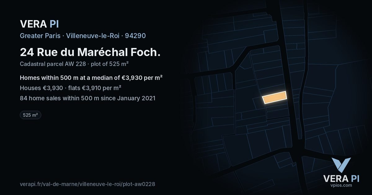 24 Rue du Maréchal Foch, Villeneuve-le-Roi at night – the plot lit, the parcels around coloured by the prices near them