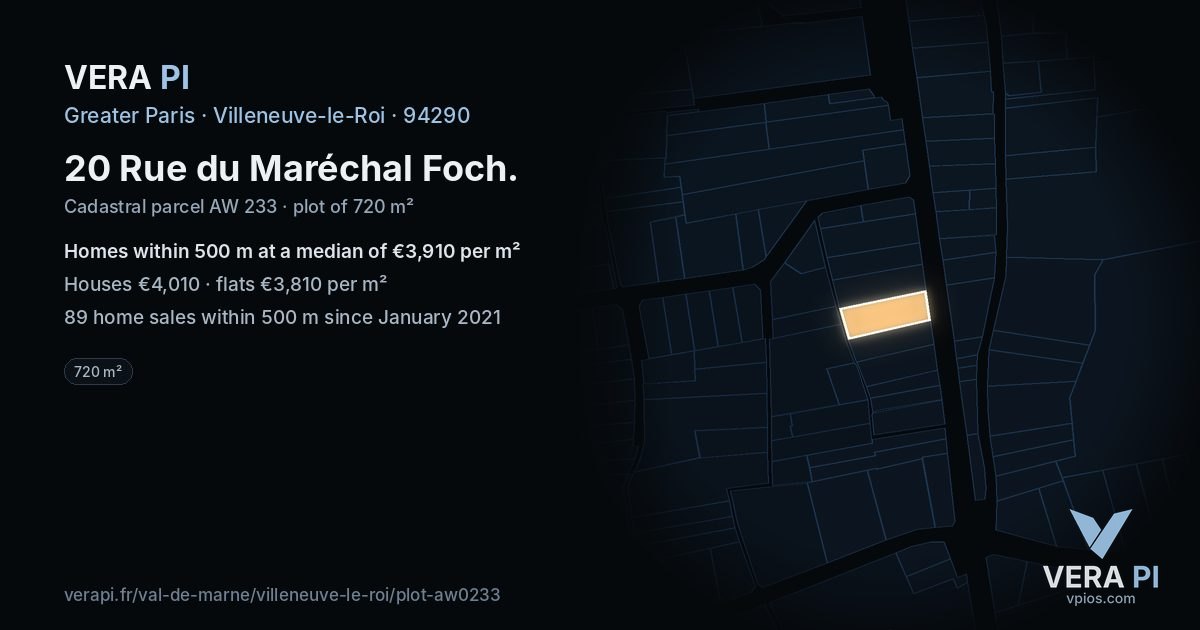 20 Rue du Maréchal Foch, Villeneuve-le-Roi at night – the plot lit, the parcels around coloured by the prices near them