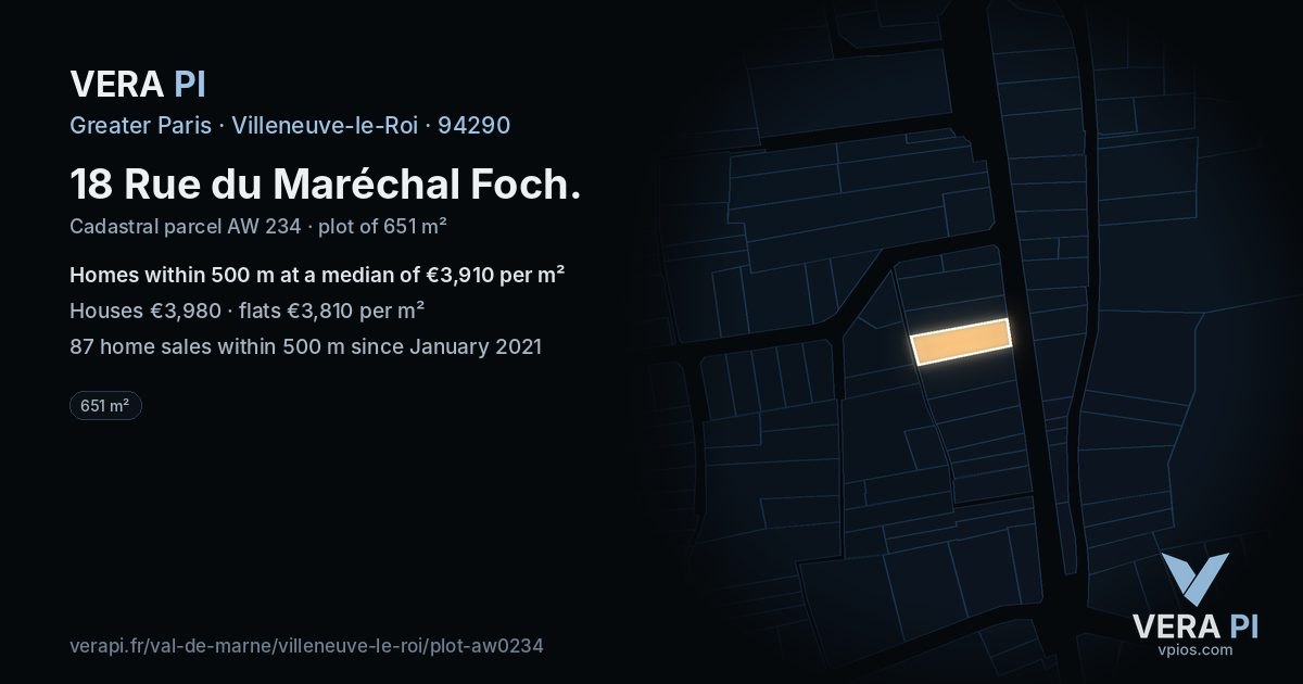 18 Rue du Maréchal Foch, Villeneuve-le-Roi at night – the plot lit, the parcels around coloured by the prices near them