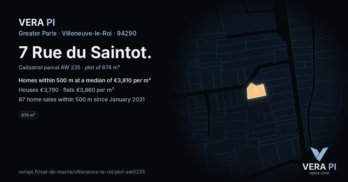 7 Rue du Saintot, Villeneuve-le-Roi at night – the plot lit, the parcels around coloured by the prices near them