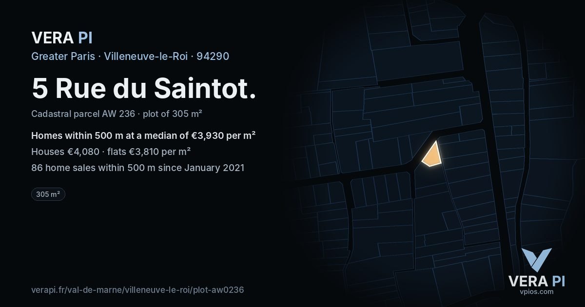 5 Rue du Saintot, Villeneuve-le-Roi at night – the plot lit, the parcels around coloured by the prices near them