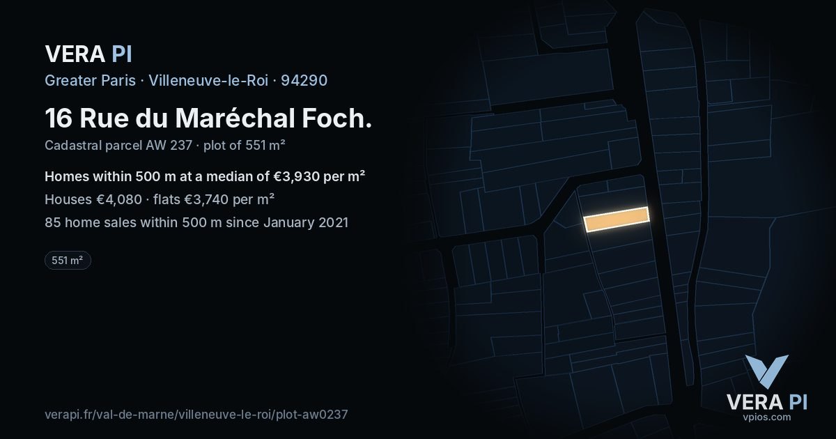 16 Rue du Maréchal Foch, Villeneuve-le-Roi at night – the plot lit, the parcels around coloured by the prices near them