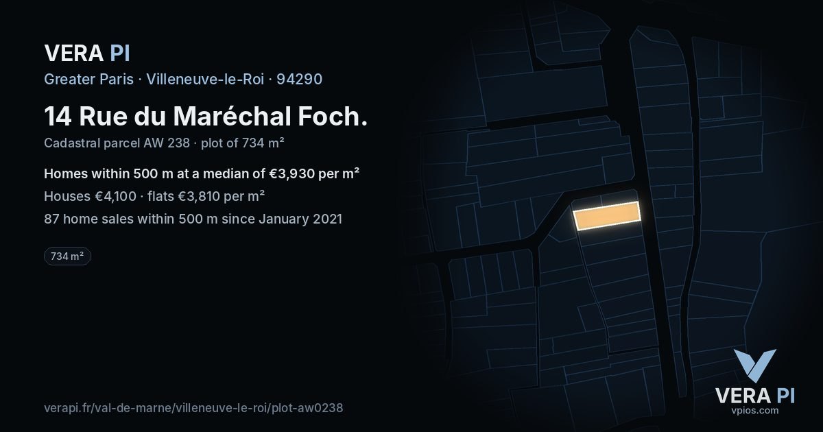 14 Rue du Maréchal Foch, Villeneuve-le-Roi at night – the plot lit, the parcels around coloured by the prices near them
