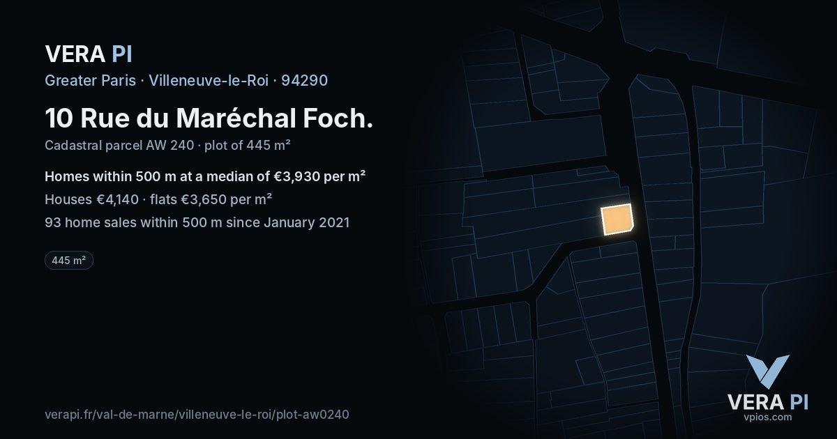10 Rue du Maréchal Foch, Villeneuve-le-Roi at night – the plot lit, the parcels around coloured by the prices near them