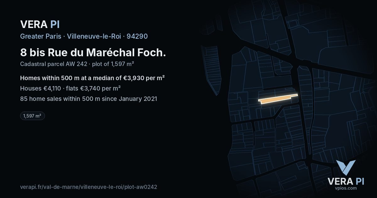 8 bis Rue du Maréchal Foch, Villeneuve-le-Roi at night – the plot lit, the parcels around coloured by the prices near them