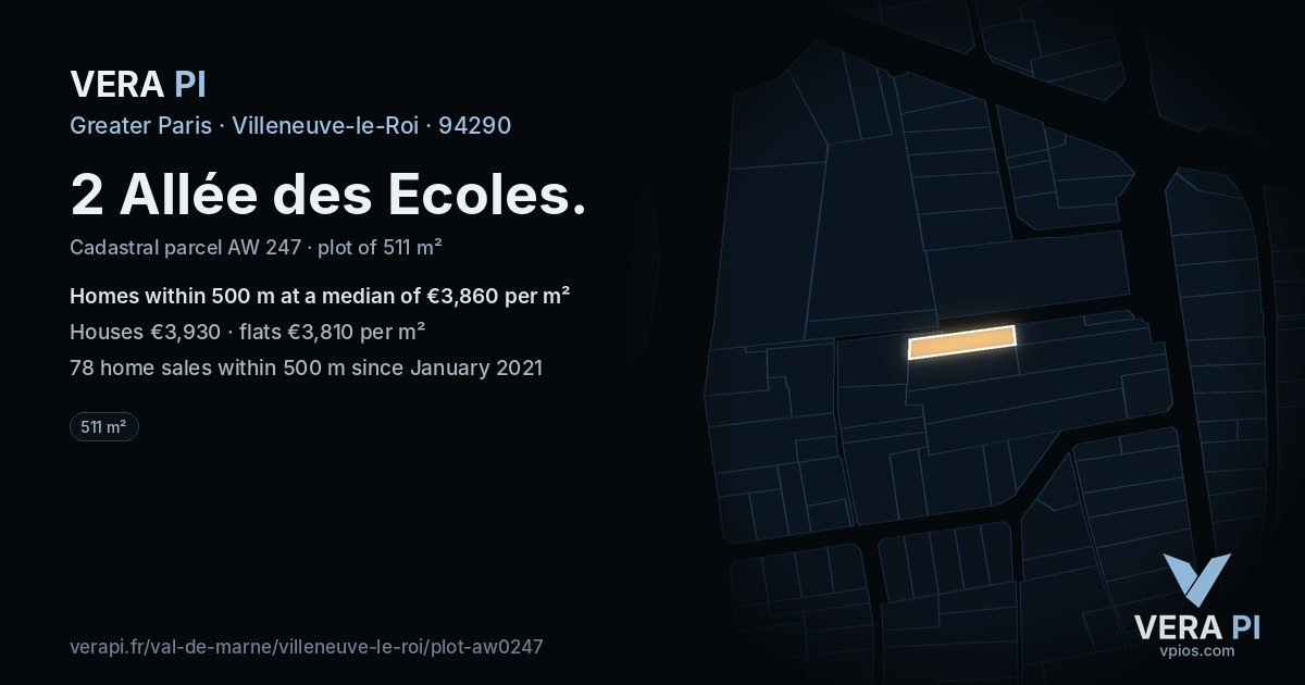 2 Allée des Ecoles, Villeneuve-le-Roi at night – the plot lit, the parcels around coloured by the prices near them