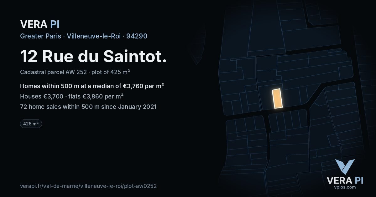 12 Rue du Saintot, Villeneuve-le-Roi at night – the plot lit, the parcels around coloured by the prices near them