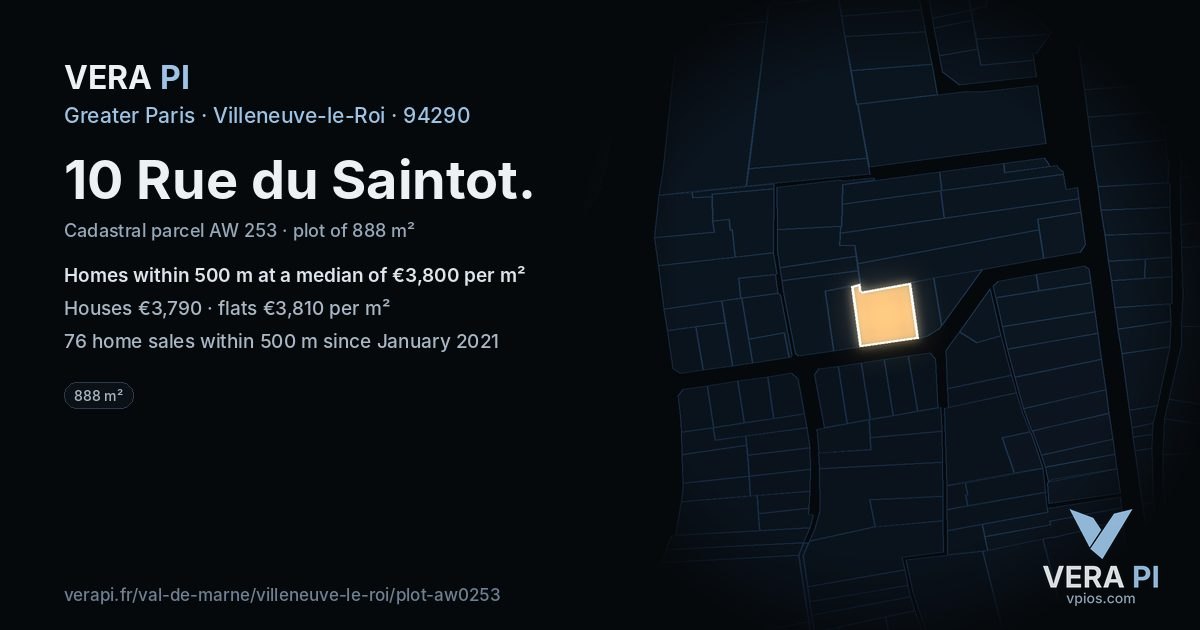10 Rue du Saintot, Villeneuve-le-Roi at night – the plot lit, the parcels around coloured by the prices near them