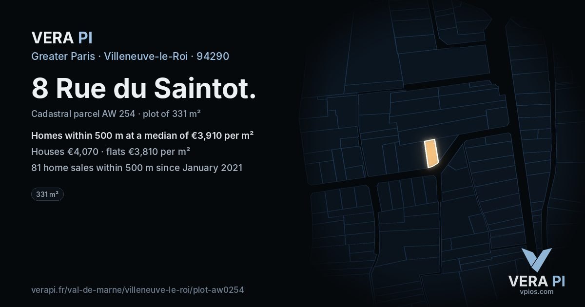 8 Rue du Saintot, Villeneuve-le-Roi at night – the plot lit, the parcels around coloured by the prices near them