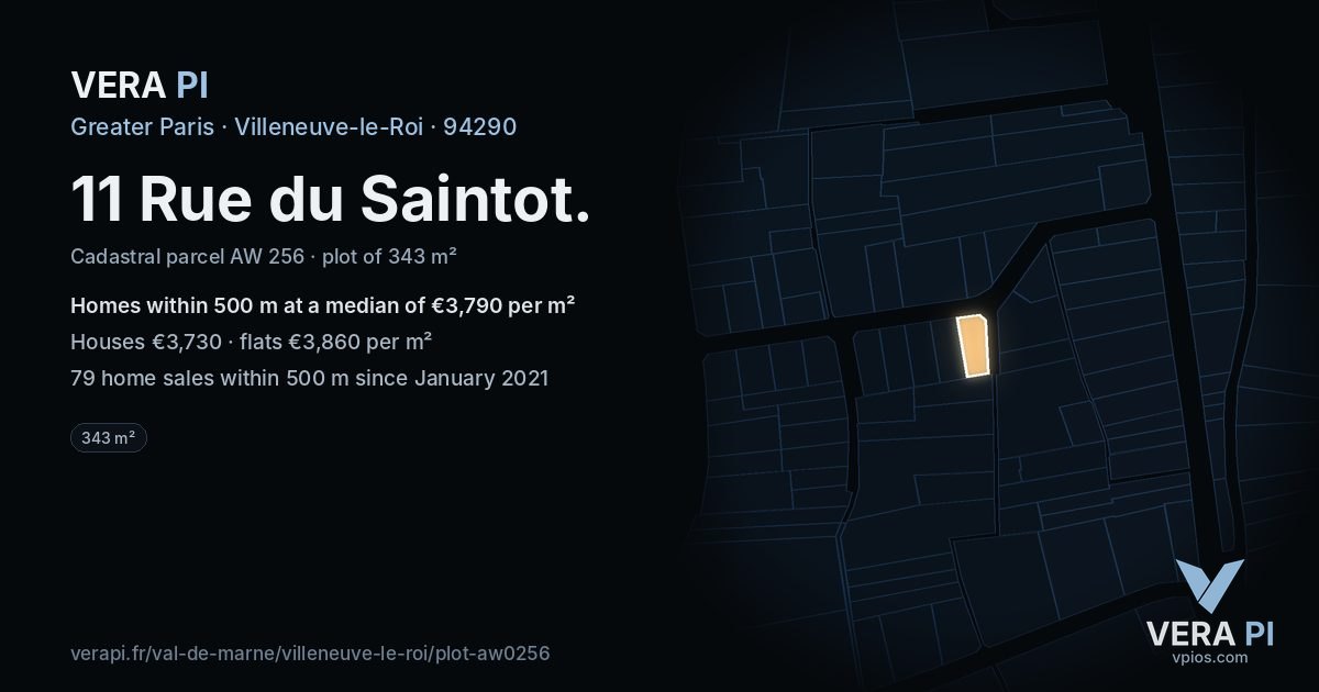 11 Rue du Saintot, Villeneuve-le-Roi at night – the plot lit, the parcels around coloured by the prices near them