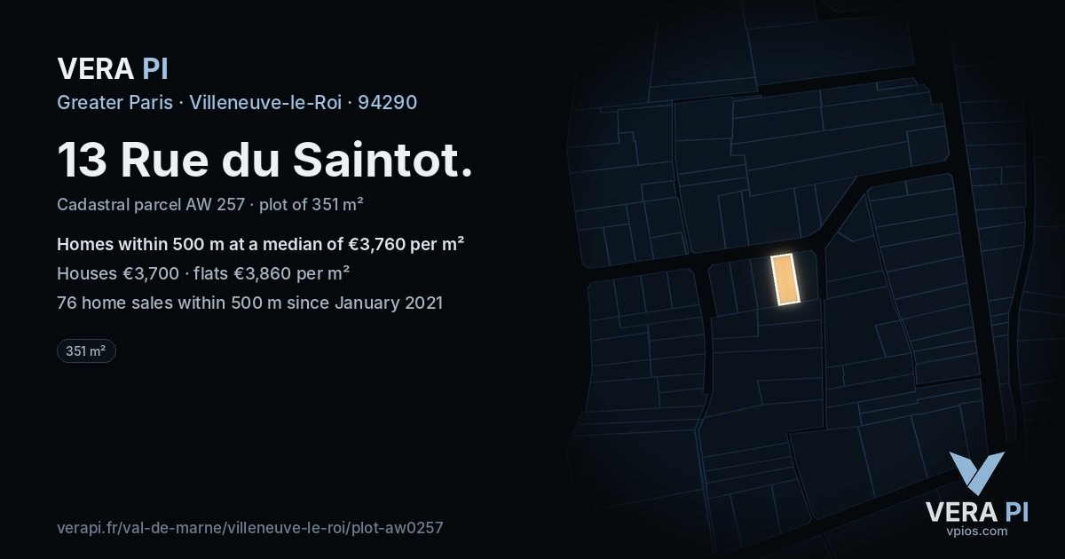 13 Rue du Saintot, Villeneuve-le-Roi at night – the plot lit, the parcels around coloured by the prices near them