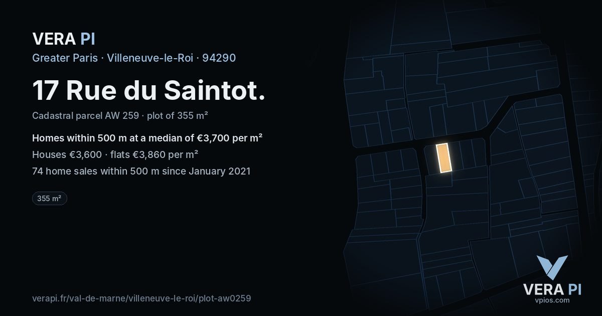 17 Rue du Saintot, Villeneuve-le-Roi at night – the plot lit, the parcels around coloured by the prices near them