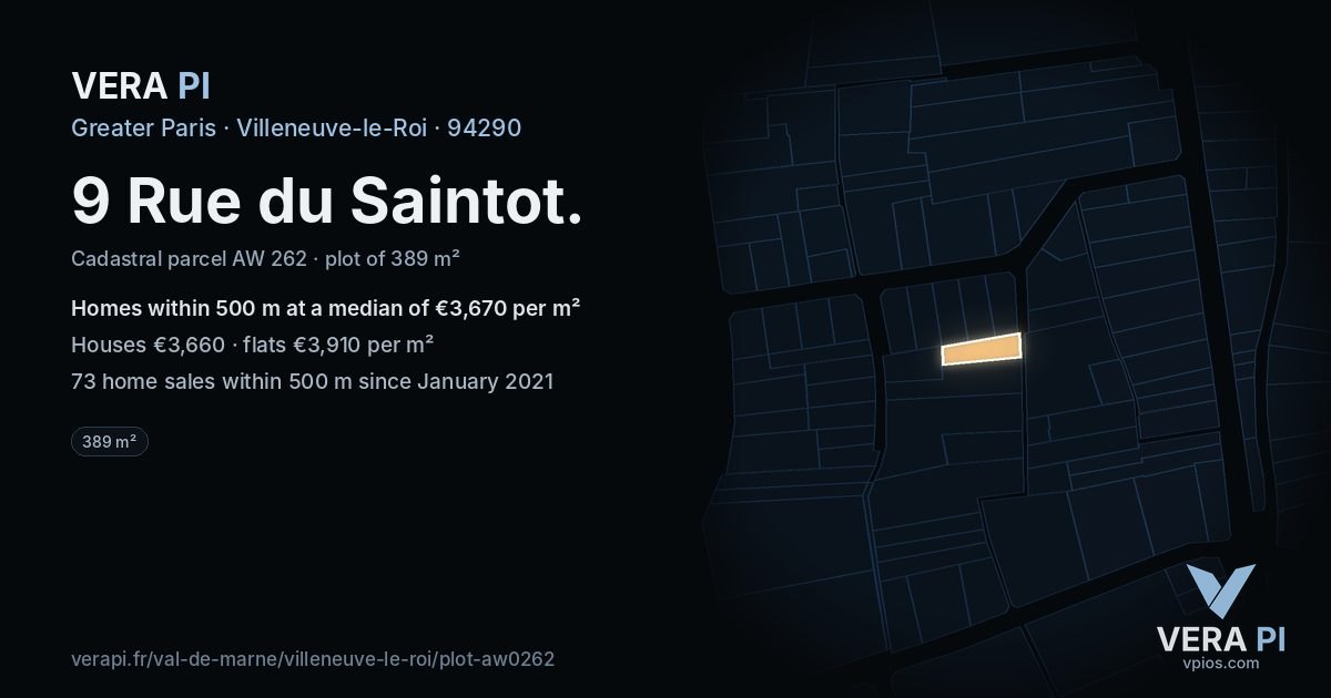 9 Rue du Saintot, Villeneuve-le-Roi at night – the plot lit, the parcels around coloured by the prices near them