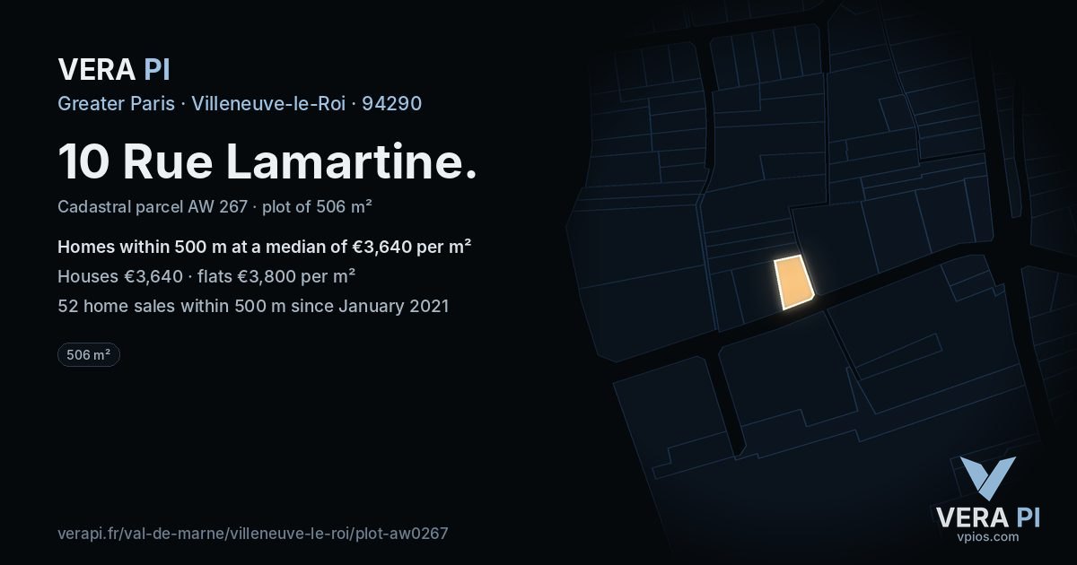 10 Rue Lamartine, Villeneuve-le-Roi at night – the plot lit, the parcels around coloured by the prices near them