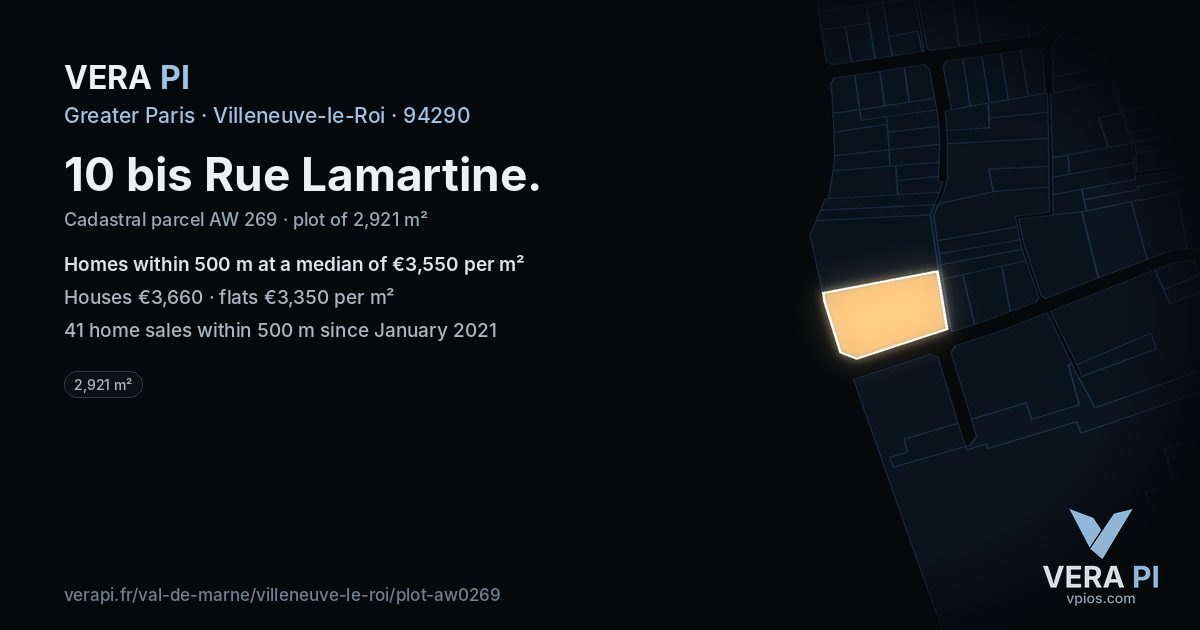 10 bis Rue Lamartine, Villeneuve-le-Roi at night – the plot lit, the parcels around coloured by the prices near them