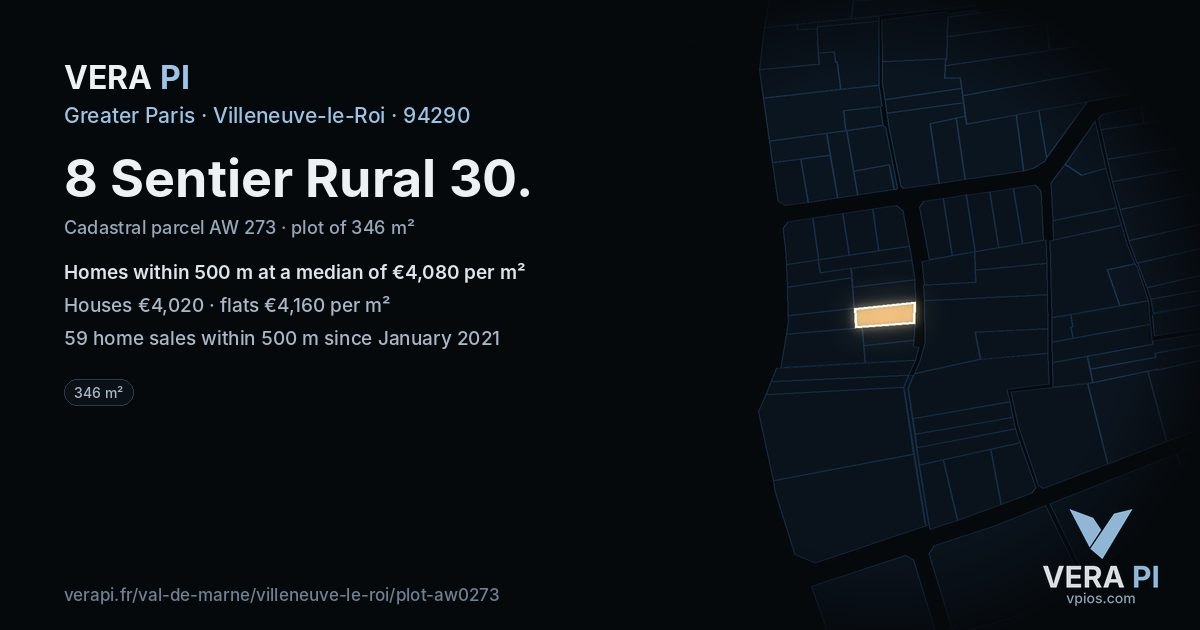 8 Sentier Rural 30, Villeneuve-le-Roi at night – the plot lit, the parcels around coloured by the prices near them