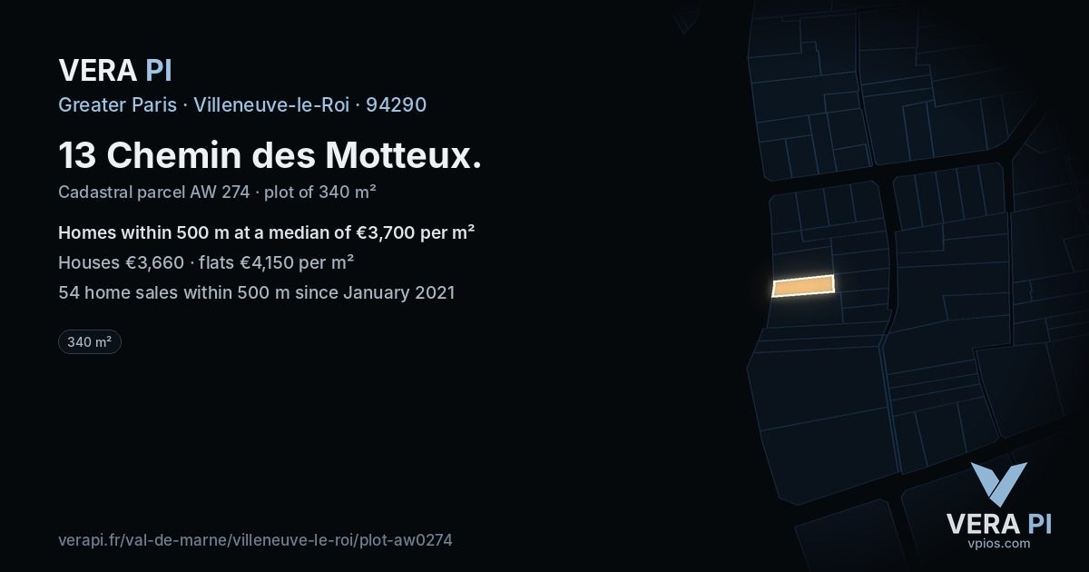 13 Chemin des Motteux, Villeneuve-le-Roi at night – the plot lit, the parcels around coloured by the prices near them