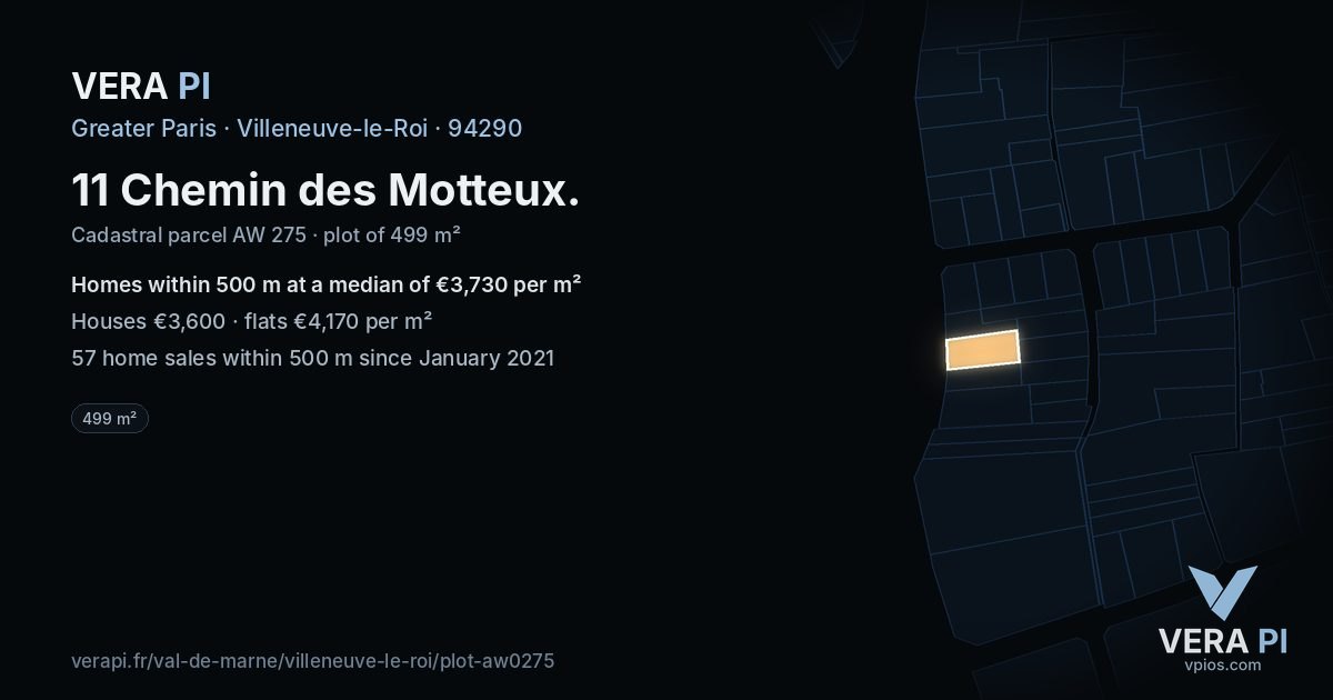 11 Chemin des Motteux, Villeneuve-le-Roi at night – the plot lit, the parcels around coloured by the prices near them