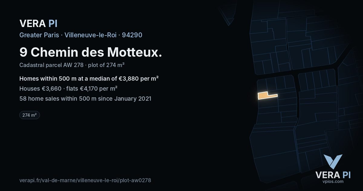 9 Chemin des Motteux, Villeneuve-le-Roi at night – the plot lit, the parcels around coloured by the prices near them
