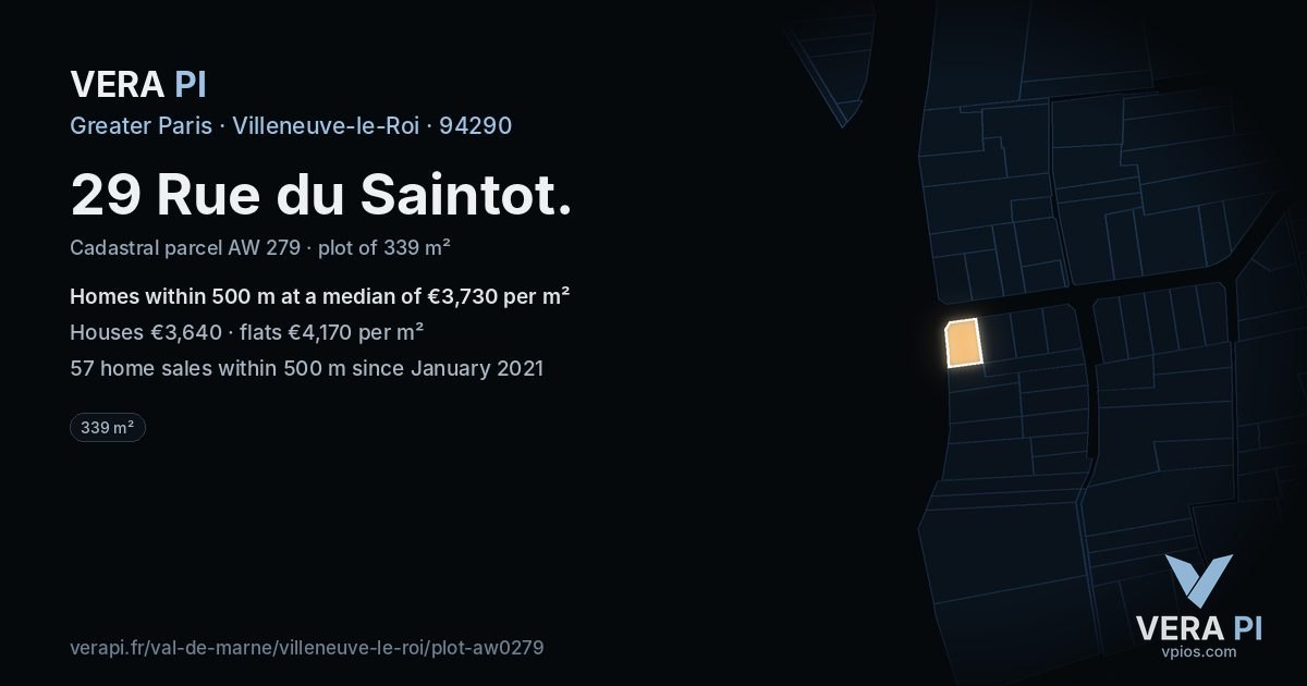 29 Rue du Saintot, Villeneuve-le-Roi at night – the plot lit, the parcels around coloured by the prices near them