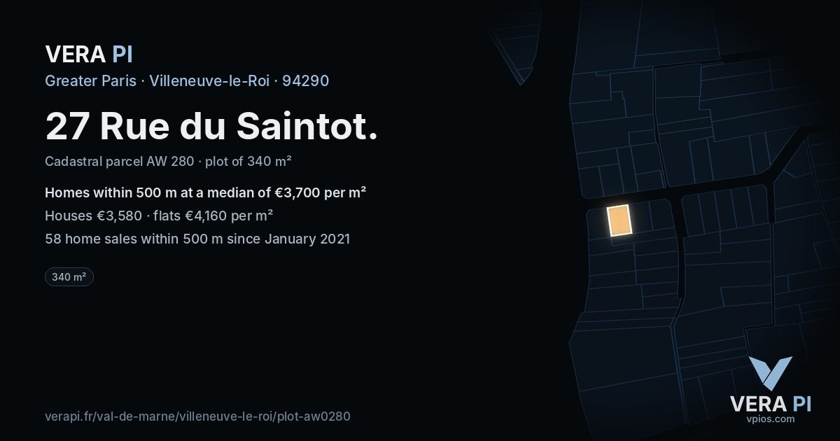 27 Rue du Saintot, Villeneuve-le-Roi at night – the plot lit, the parcels around coloured by the prices near them