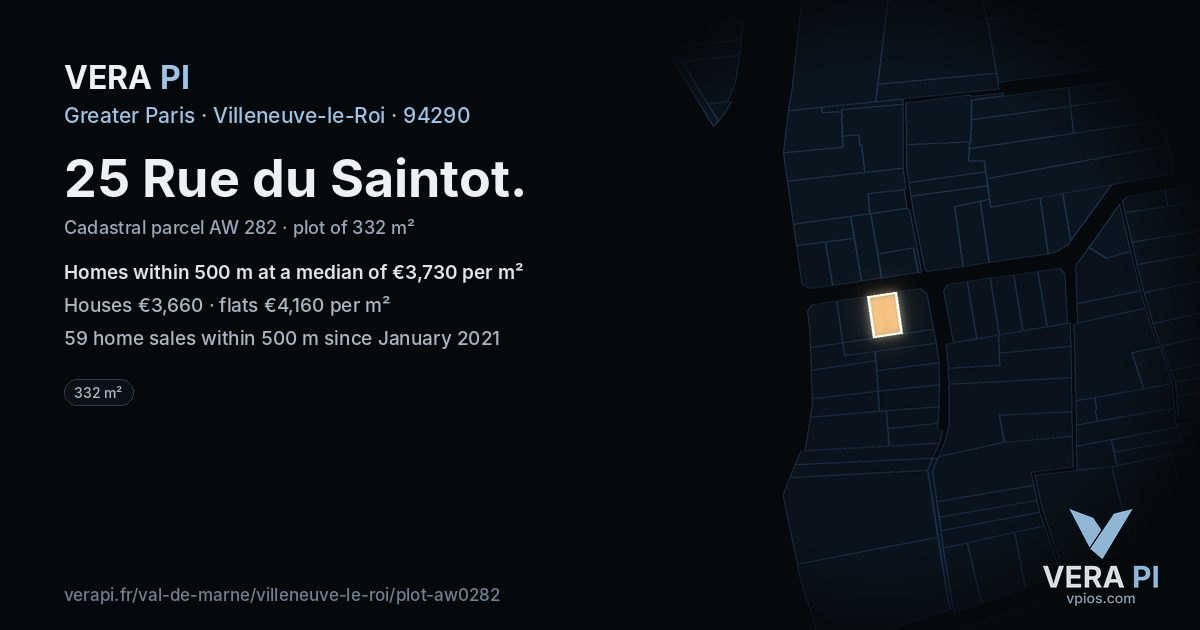 25 Rue du Saintot, Villeneuve-le-Roi at night – the plot lit, the parcels around coloured by the prices near them