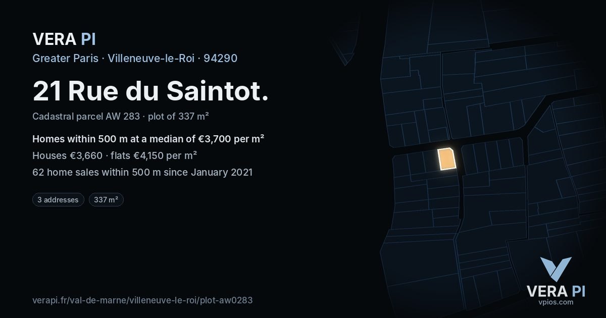 21 Rue du Saintot, Villeneuve-le-Roi at night – the plot lit, the parcels around coloured by the prices near them