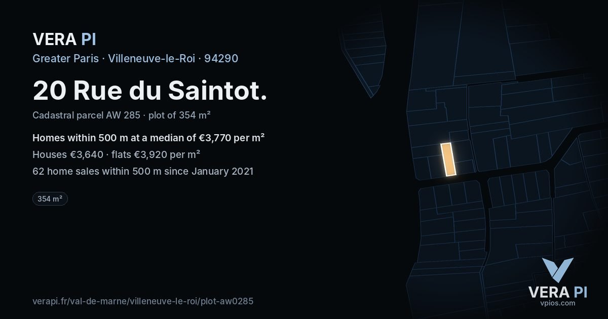 20 Rue du Saintot, Villeneuve-le-Roi at night – the plot lit, the parcels around coloured by the prices near them